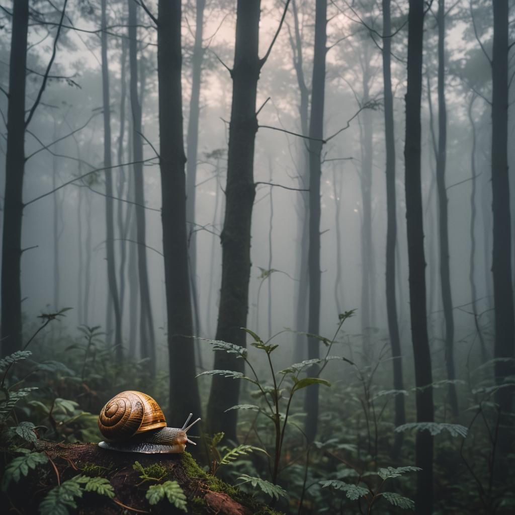 Snail's Journey Through Foggy Twilight Forest