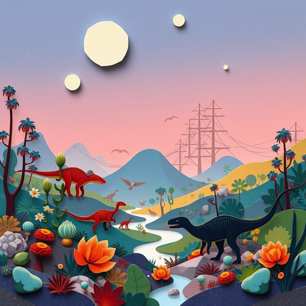 Vibrant Pointillism-Supermatist Dinosaur Landscape