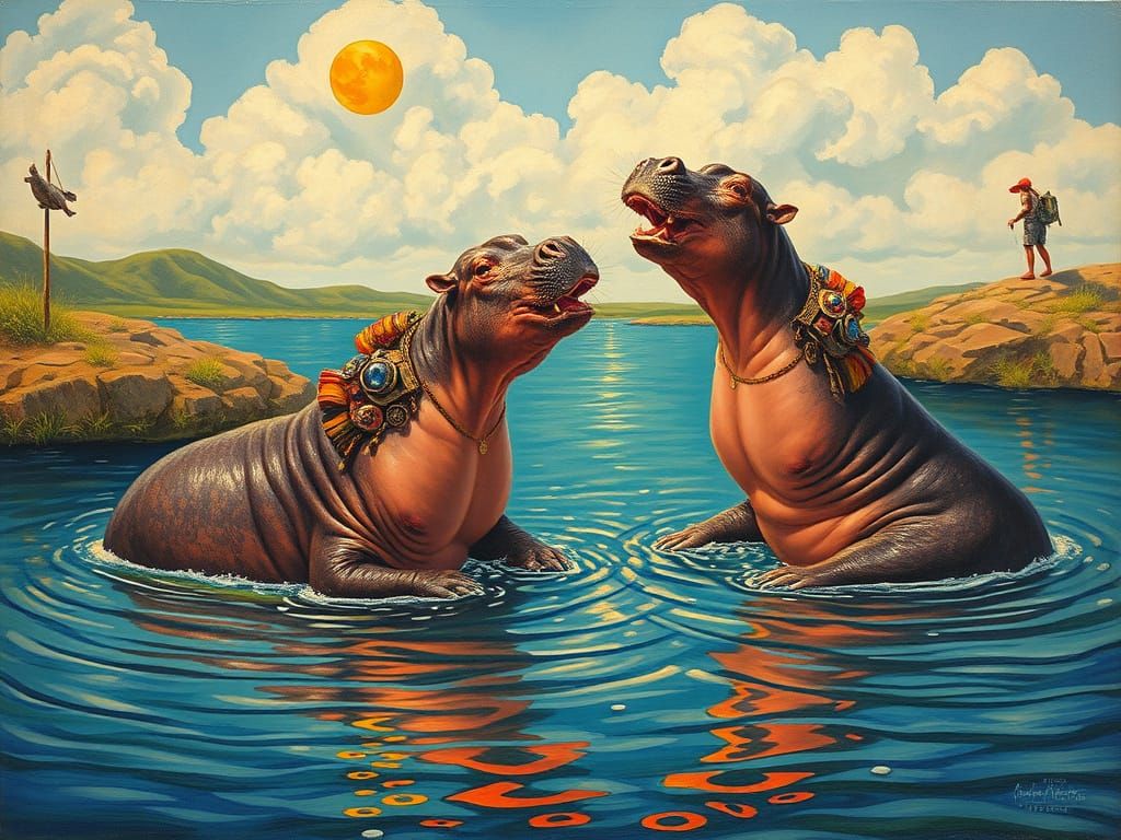 Mystical Hippos with Esoteric Symbols in Artistic Style