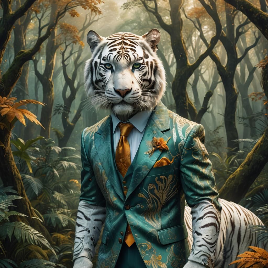 White Tiger in Suit in Mystical Forest