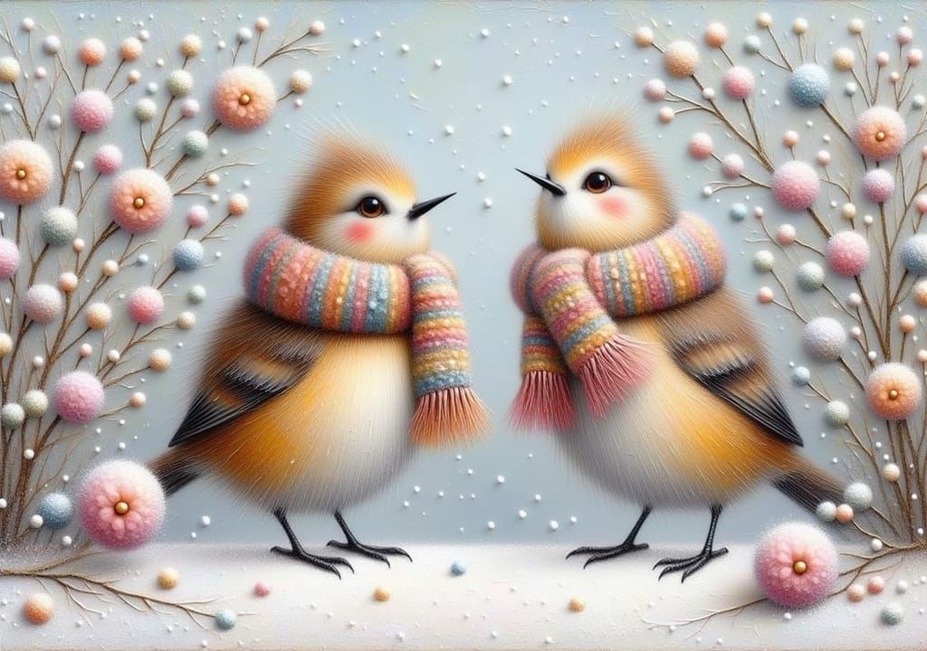 Whimsical Winter Birds Adorned with Colorful Scarf