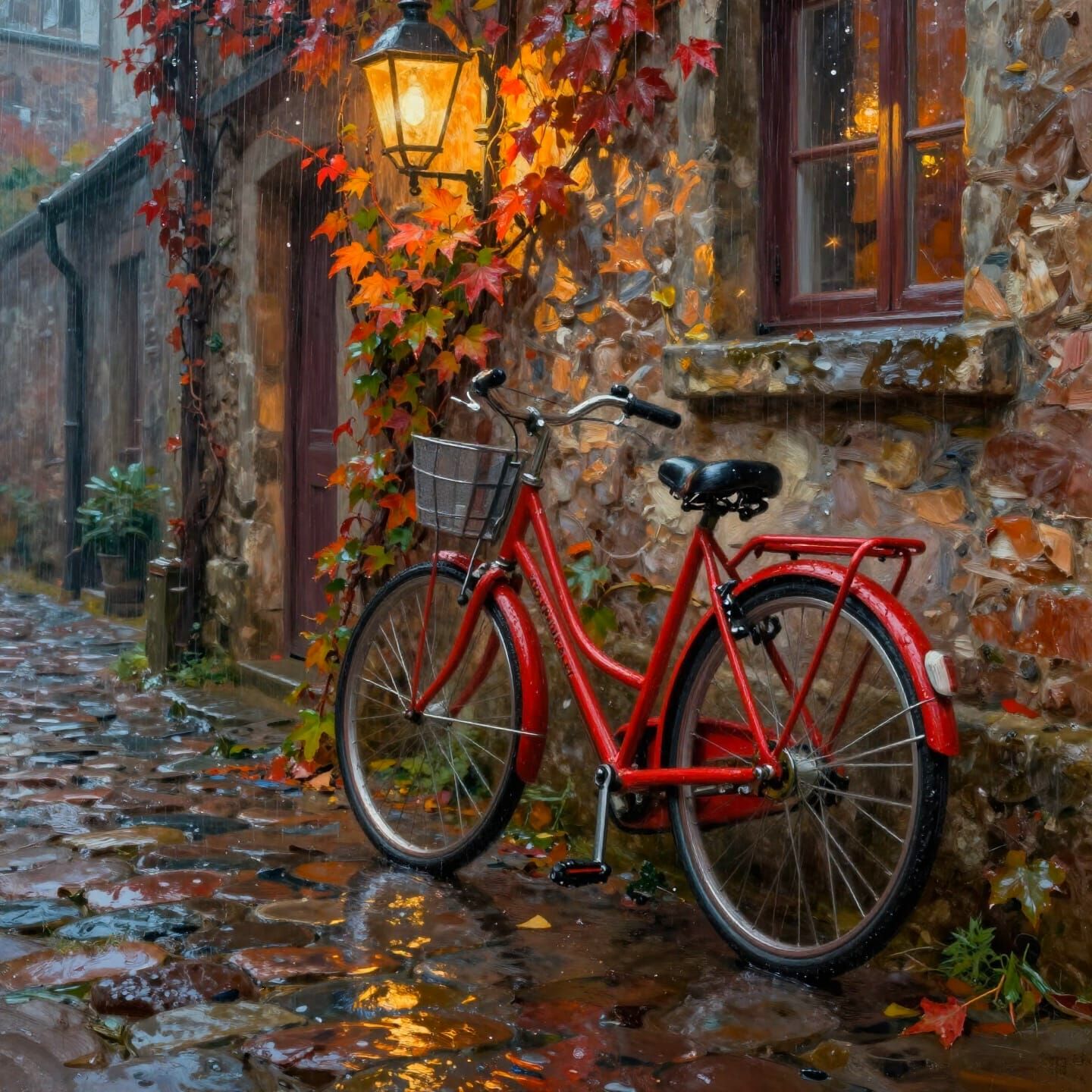 Rainy Cobblestone Alley with Red Bicycle