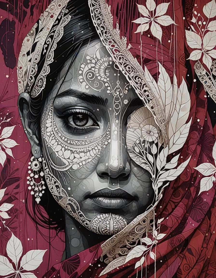 Intricate Kantha Embroidery with Double Exposure Galaxy