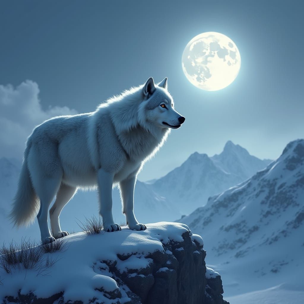 Majestic White Wolf Under Moonlight, Hyperrealism
