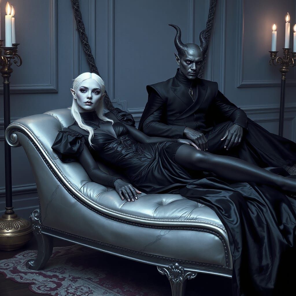 Elegant Dark Elf Couple in Gothic Fantasy Setting