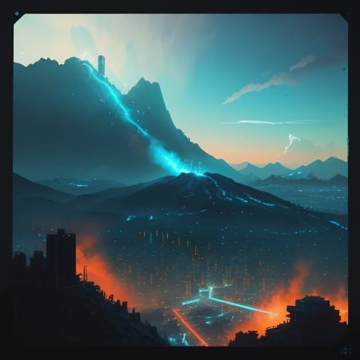 Cyberpunk Cityscape with Flaming Logo and Twin Suns