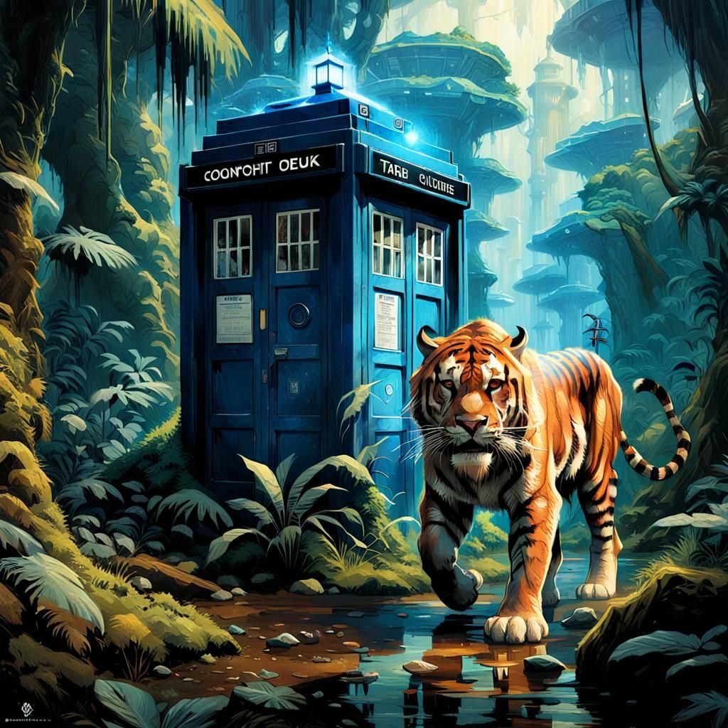 Sabertooth Tiger and TARDIS in Jungle, Cel-Shaded Style