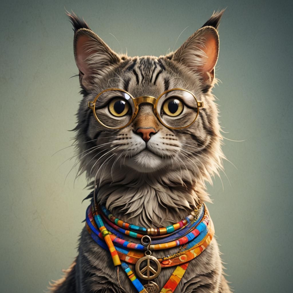 Hippie Cat Portrait in 1960s Style