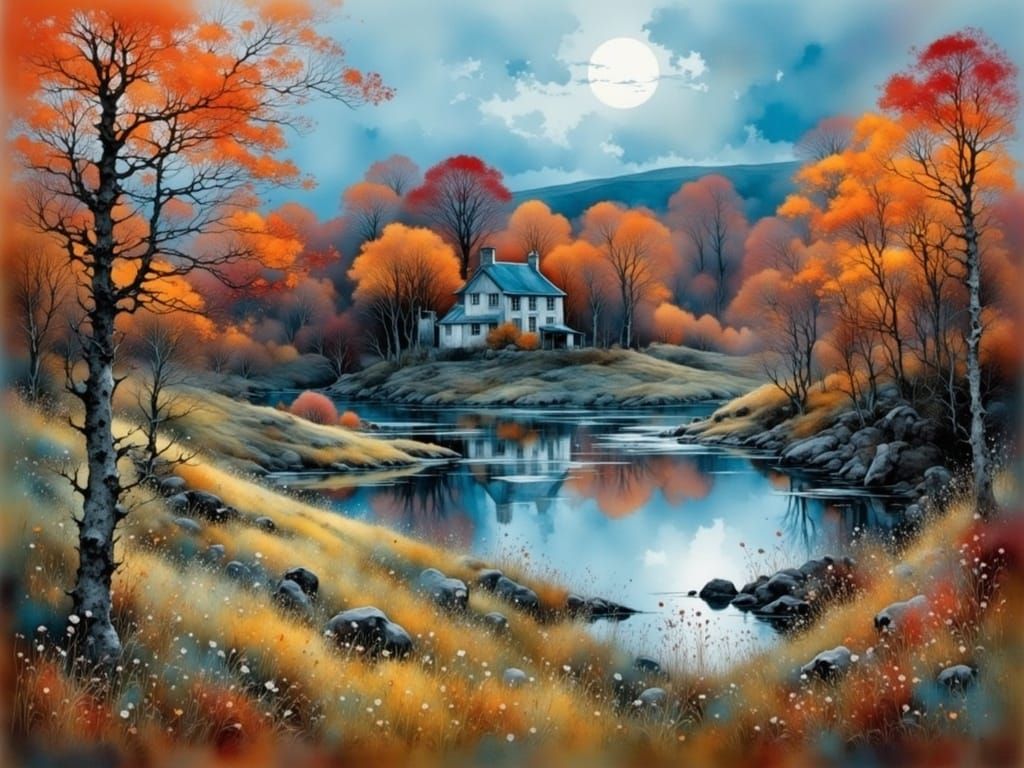 Scottish Autumn Landscape Shines After Rain, Watercolor Styl...