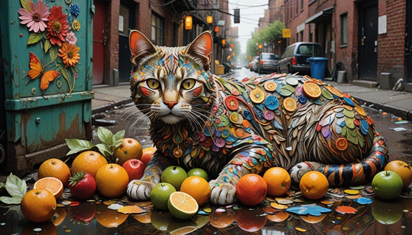 Fruity Feral Cat Sculpture in Urban Alley