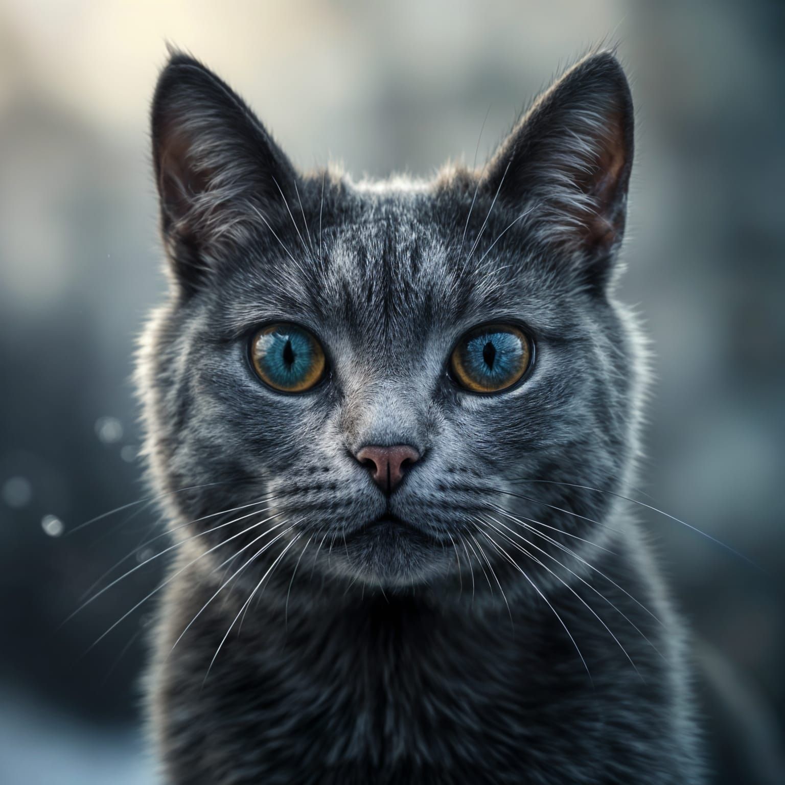 Dramatic Portrait of a Gray Cat in Snow