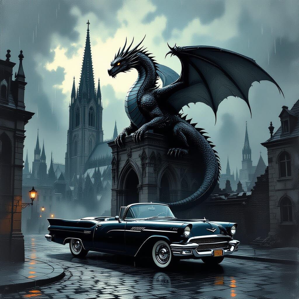 Obsidian Dragon Over Gothic Cathedral, 1950s Car