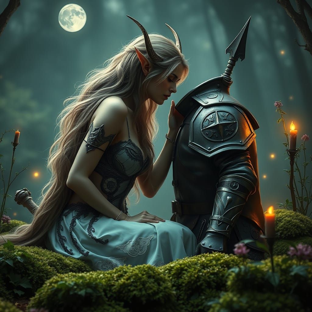 Elven Goddess of Beauty and Seduction in Moonlit Garden