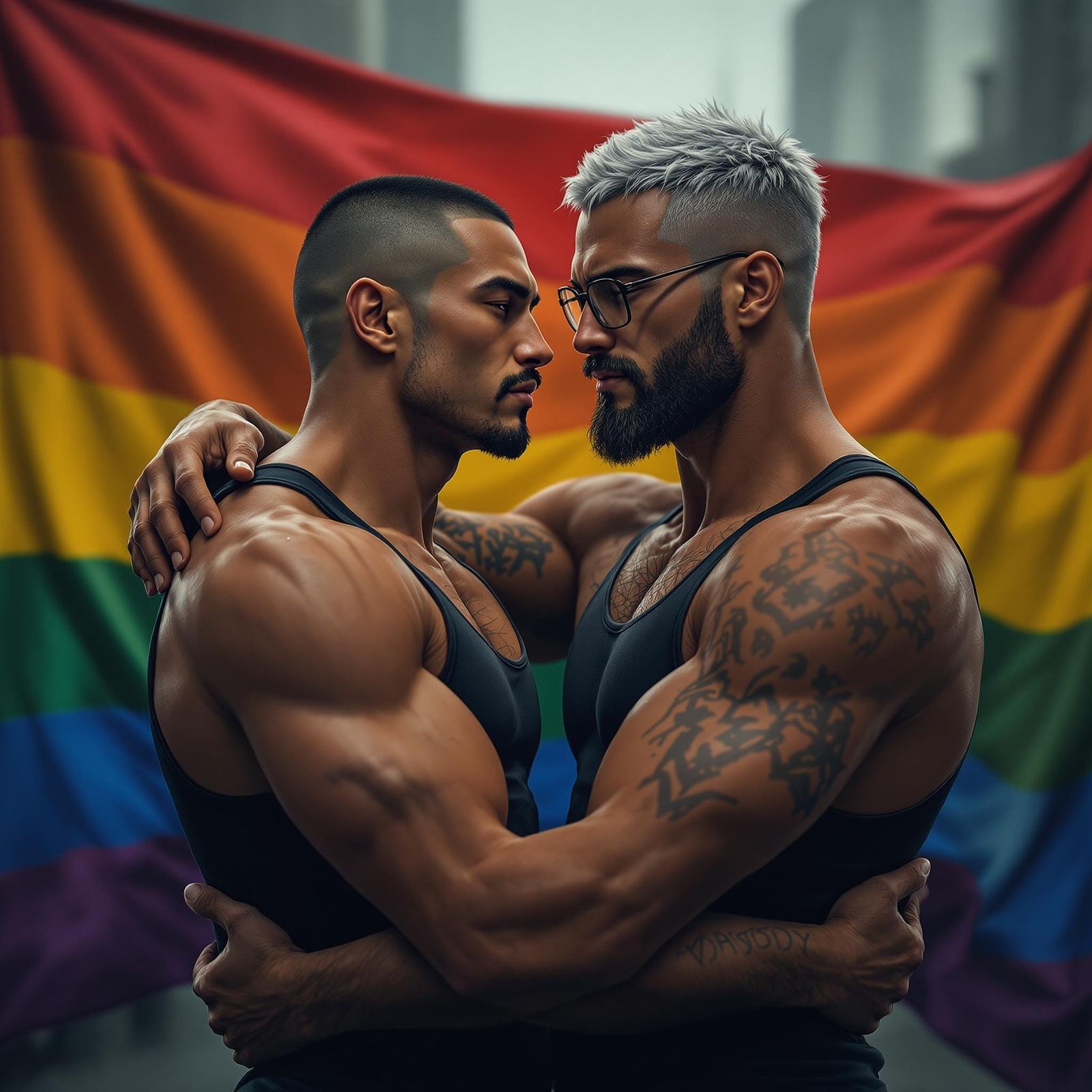 Gay Pride: Two Men Embrace in Noir Anime Style