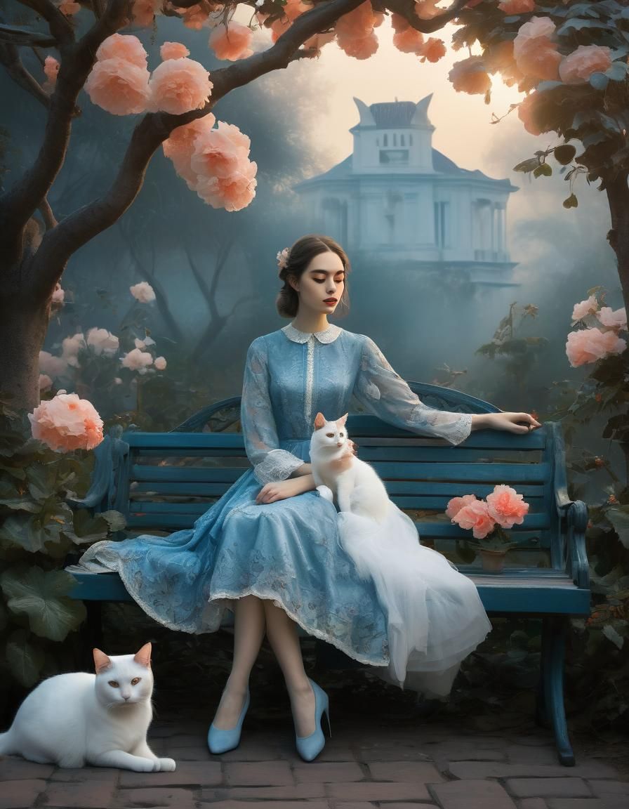 Girl, Cat, and Begonia at Sunset: Fantasy Art