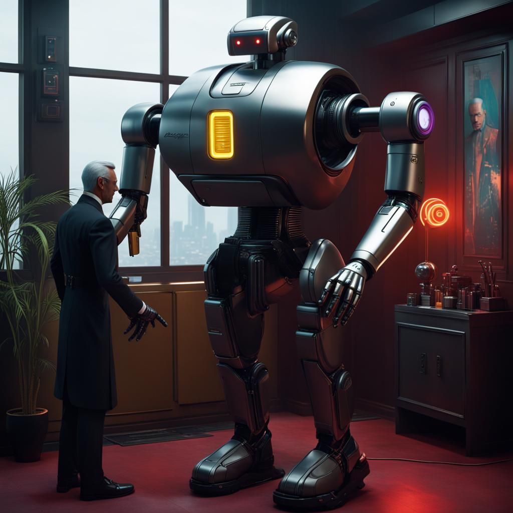Cyberpunk Robotic Butler in Neon Cityscape