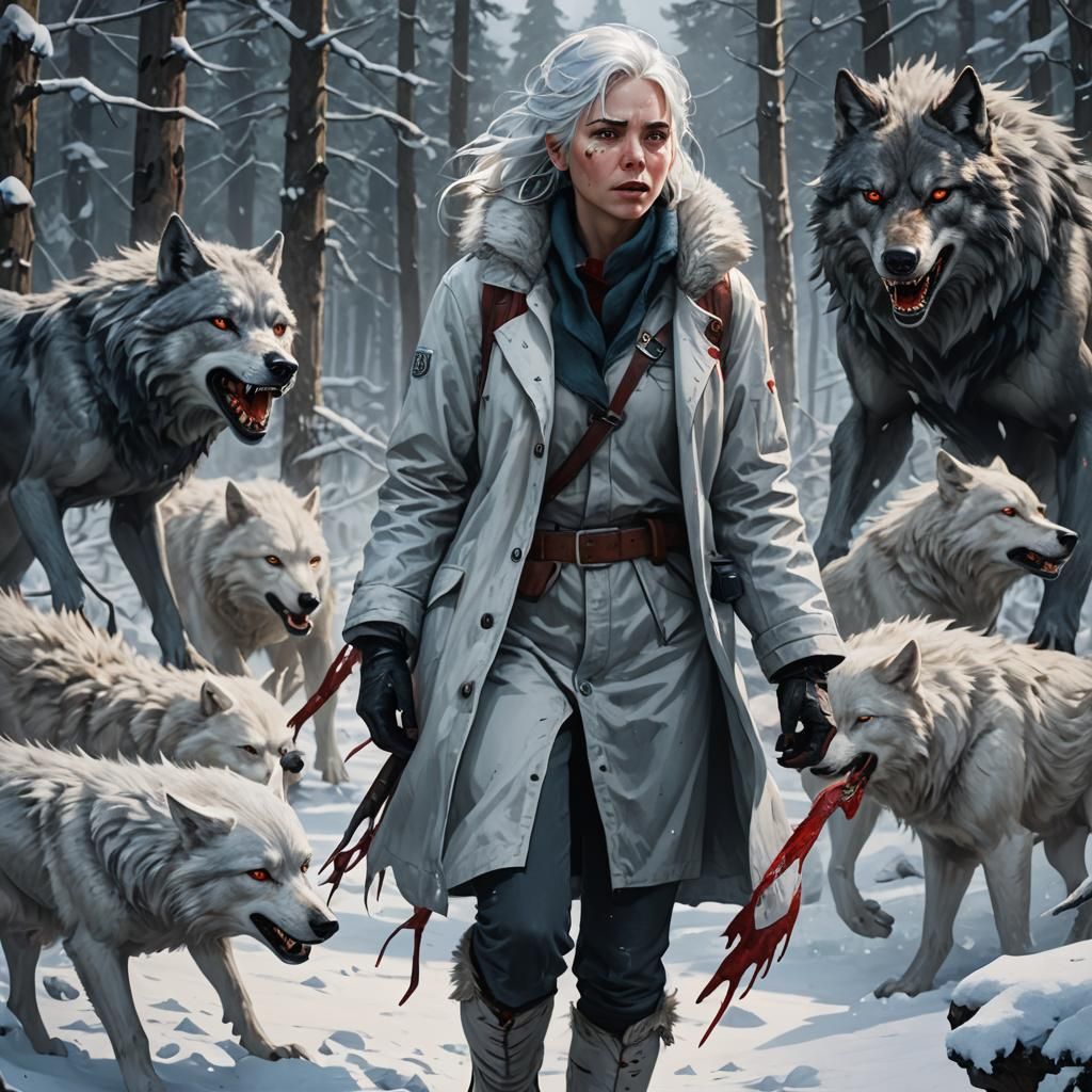 Silver-Haired Woman's Transformation in Snowy Forest