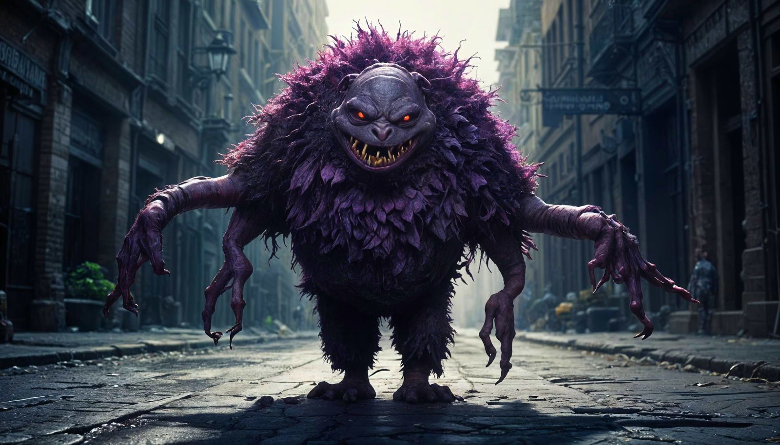 Sinister Grimace Pursues in Gritty Urban Landscape