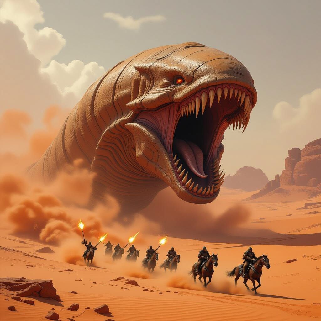 Colossal Sandworm Erupts in Alien Desert