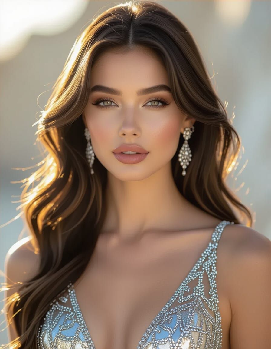 Radiant Woman in Golden Hour Light, Designer Dress