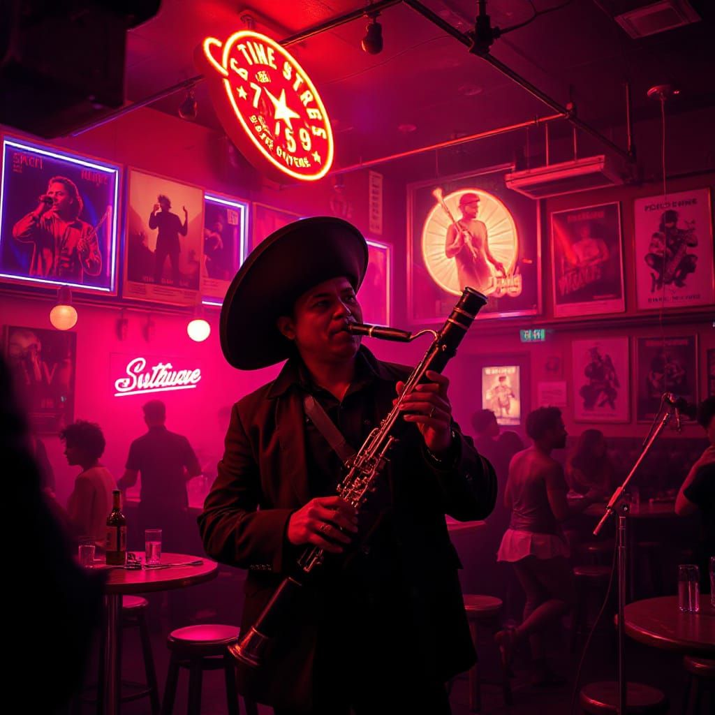 Revolutionary Bassoonist in Neon Nightclub