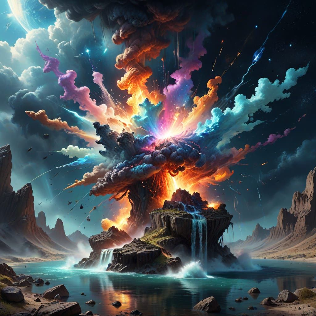 Cosmic Explosion: Destruction and Rebirth in Vibrant Digital...