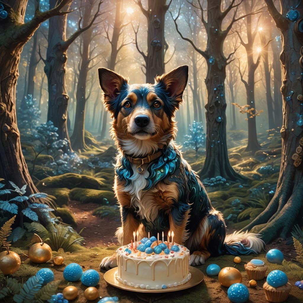 Dog with Cake in Whimsical Forest: Fantasy Concept Art