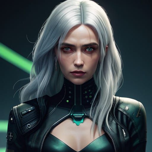 portrait of a woman with silver hair, green eyes, wearing a ...