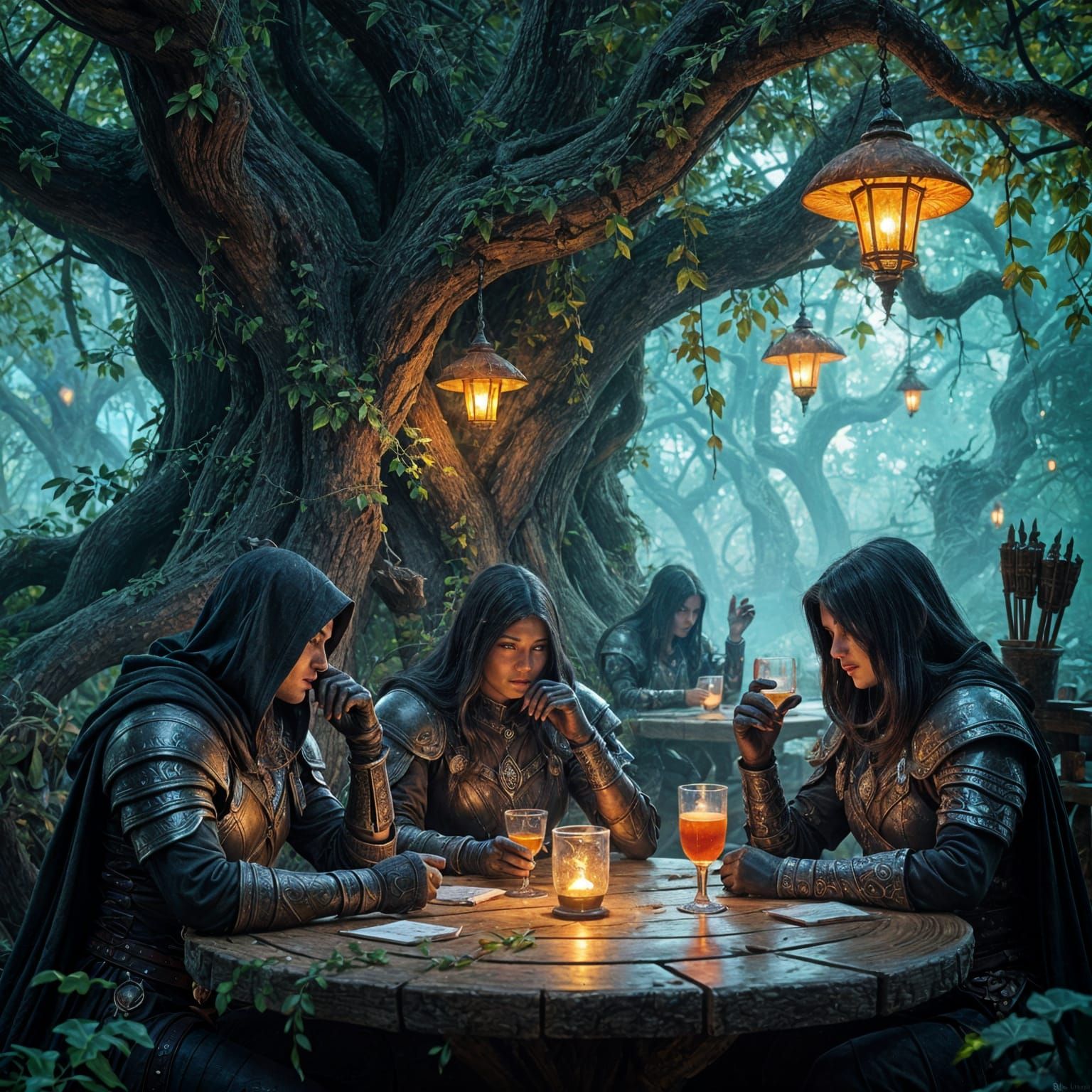 Elven Tavern in Ancient Tree with Glowing Mushrooms