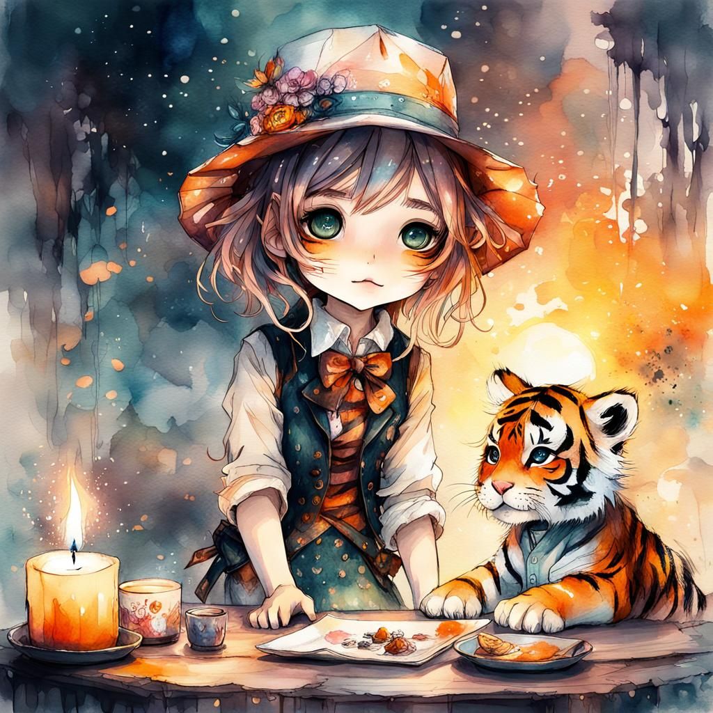 Chibi Tiger and Girl at Fantasy Tea Party