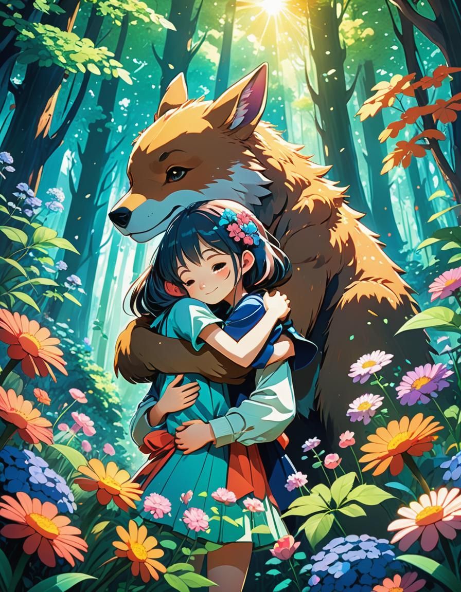 Girl Hugging Giant Animal in Manga Fantasy Forest