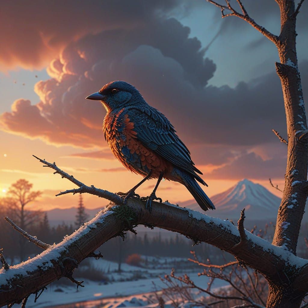 Vibrant Winter Bird in Pointillist-Inspired Style