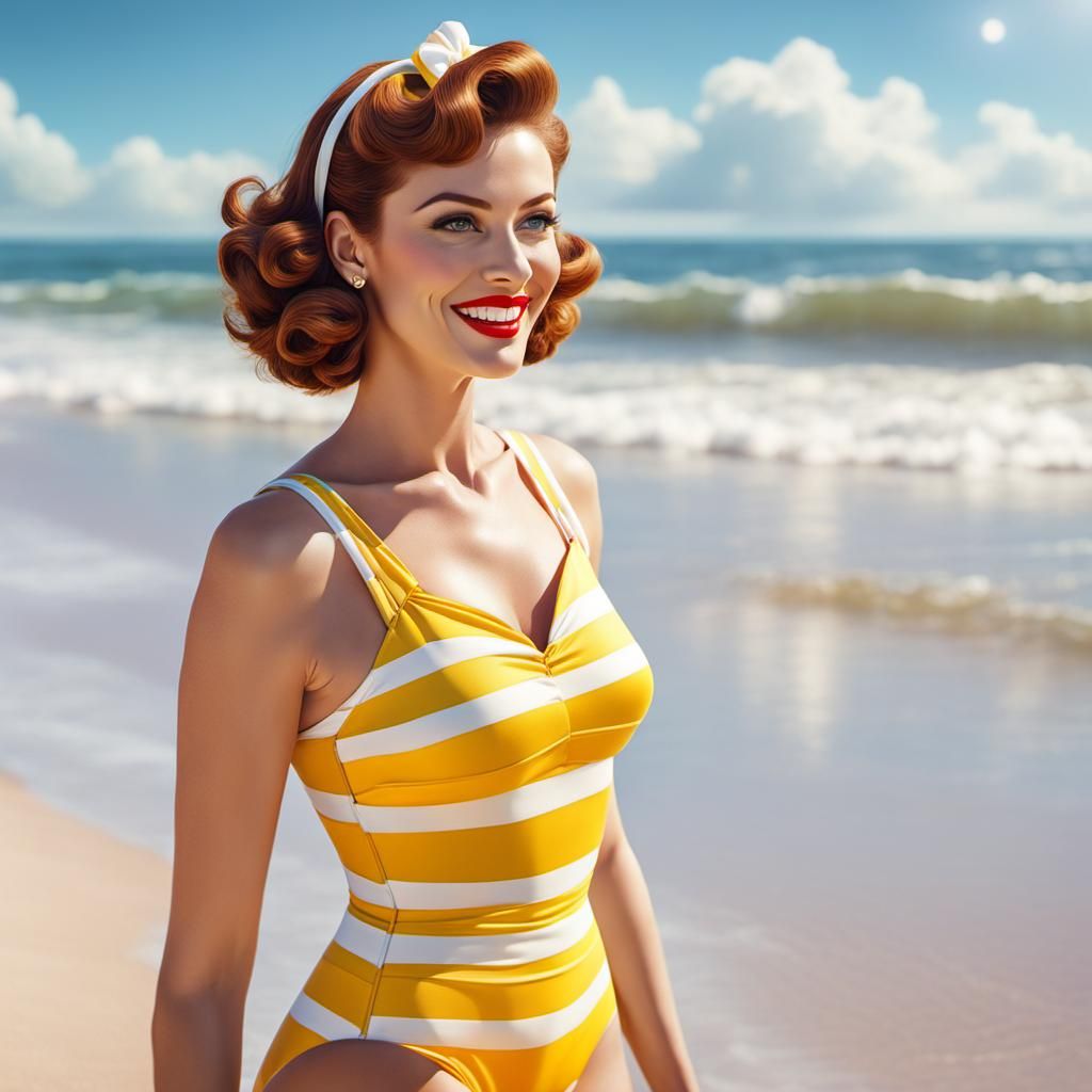 1950s Beach Beauty in Art Nouveau Style