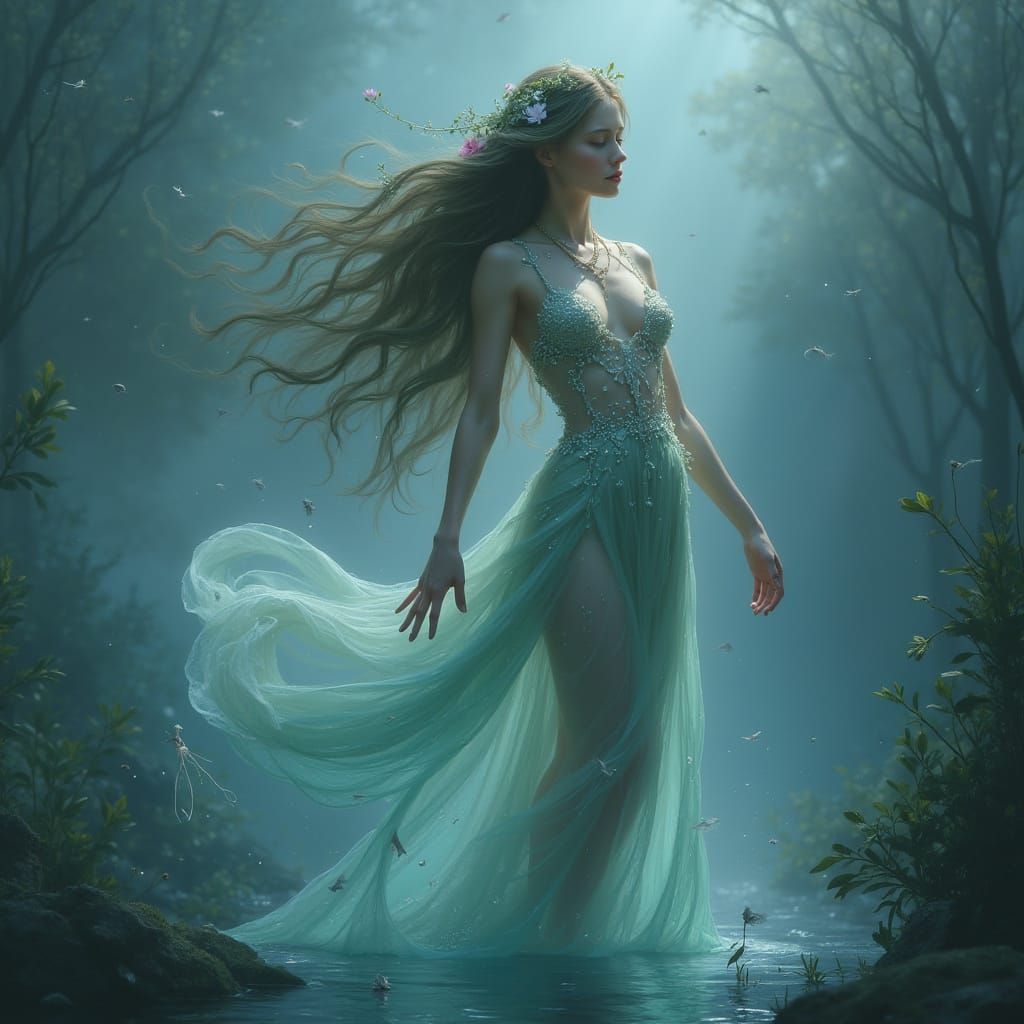Ethereal Nymph Emerges from Mist-Covered Water