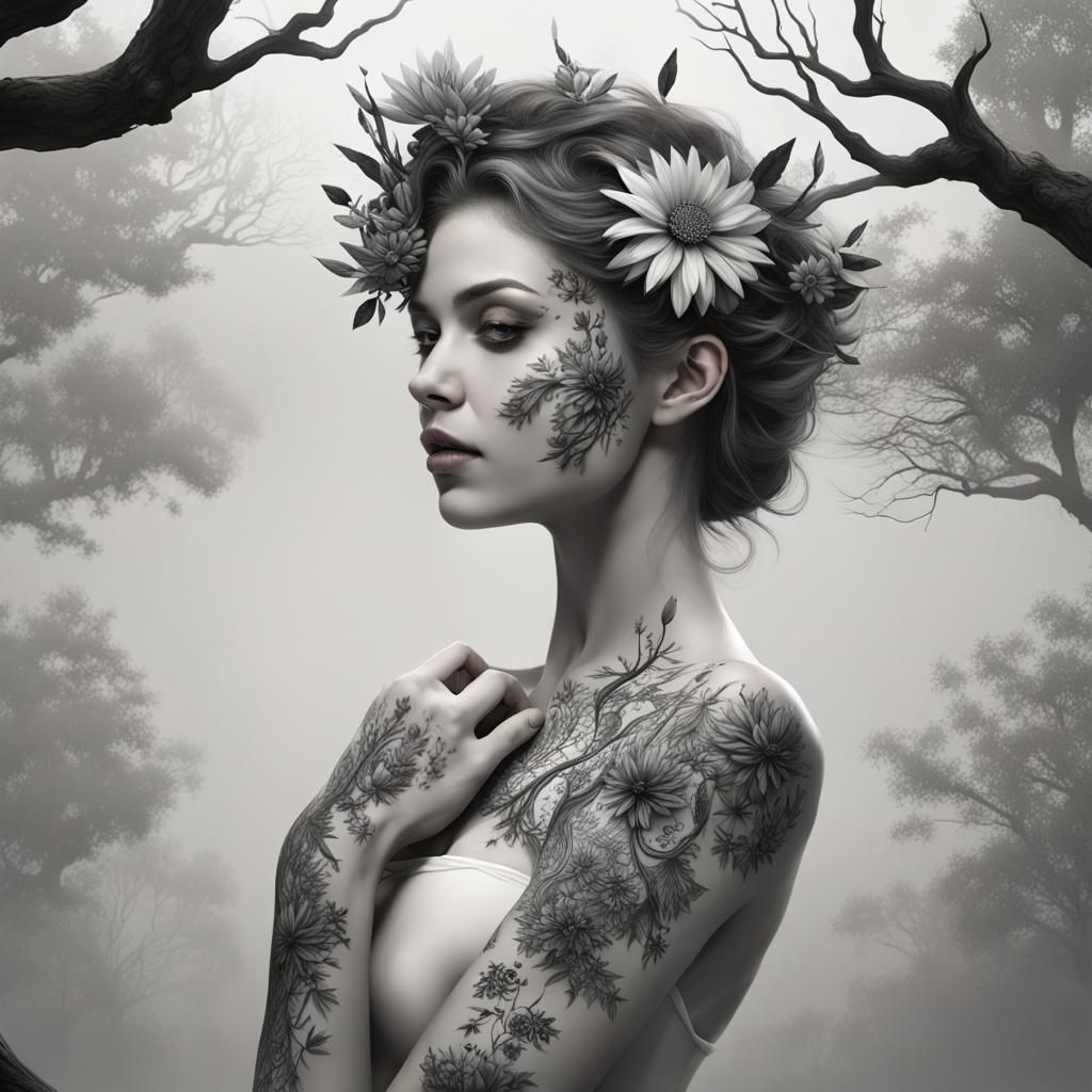 Minimalist Tattoo Design with Trees and Flowers