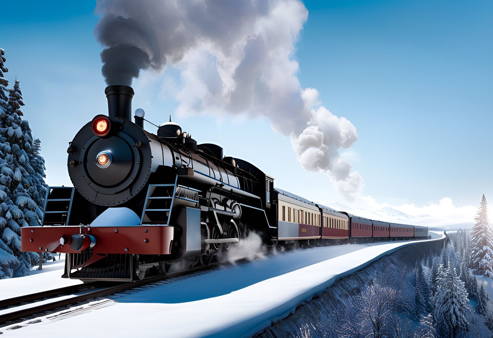 Polar Express Train Through Winter Landscape