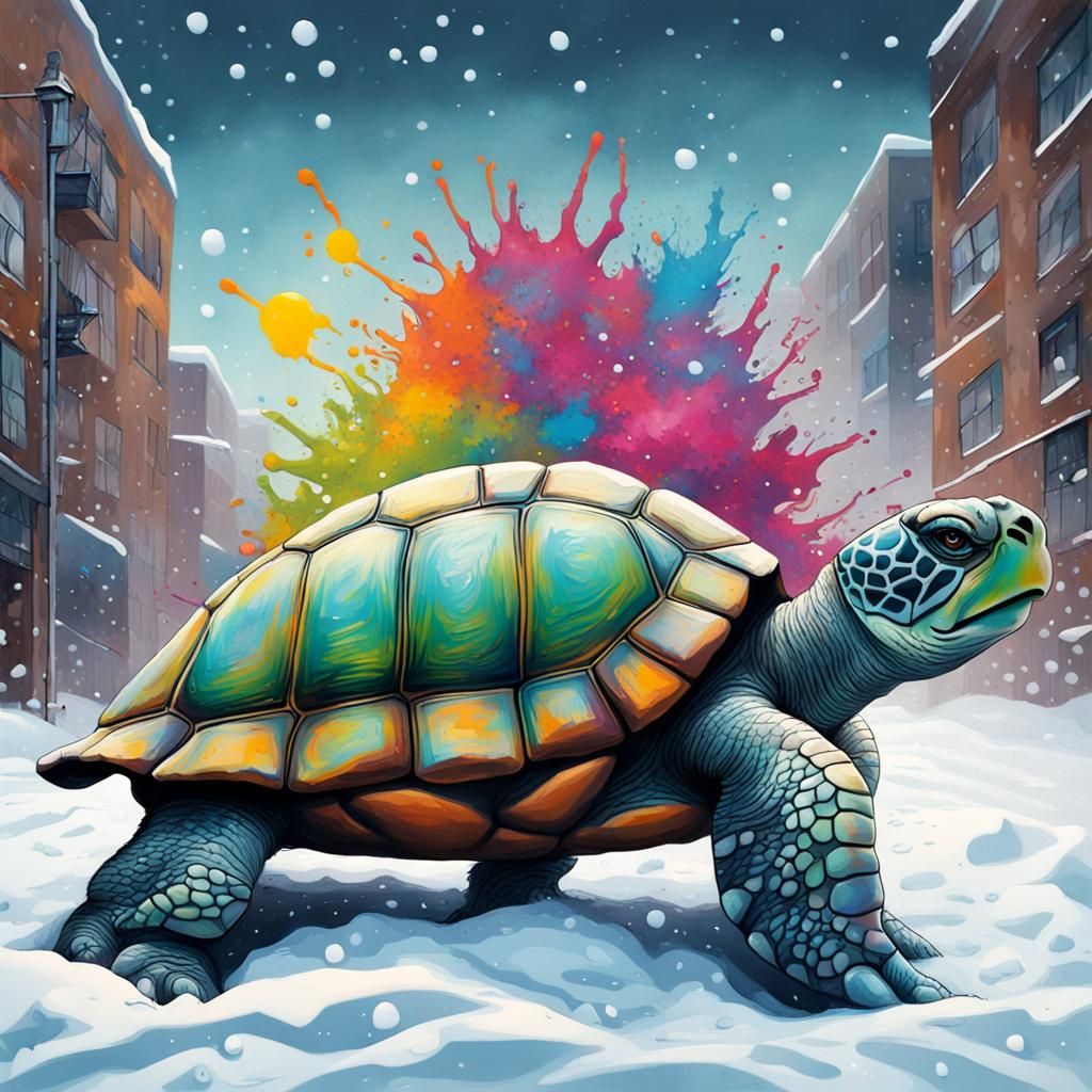 Giant Turtle in Snow as Graffiti Art