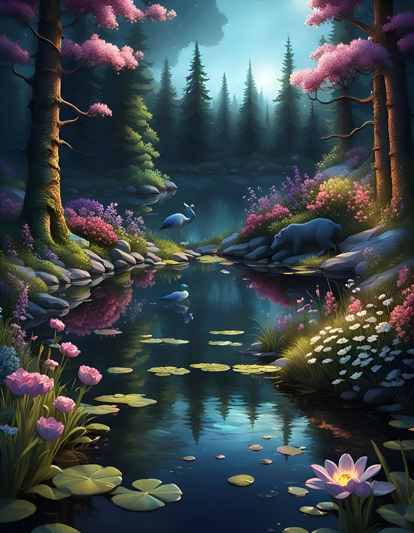 Hyperrealistic Spring Forest at Night