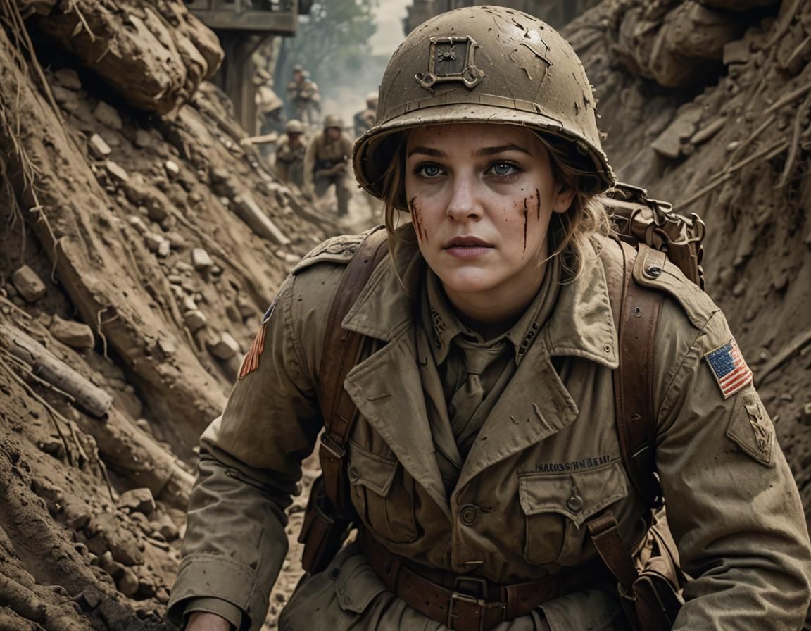Drew Barrymore as WWI Soldier, Detailed Matte Painting