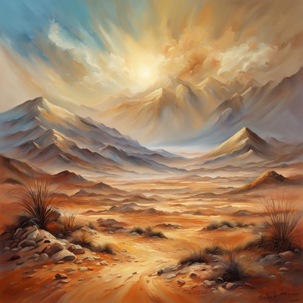 Scratchy Oil Painting of Sandstorm Over Desert Hills