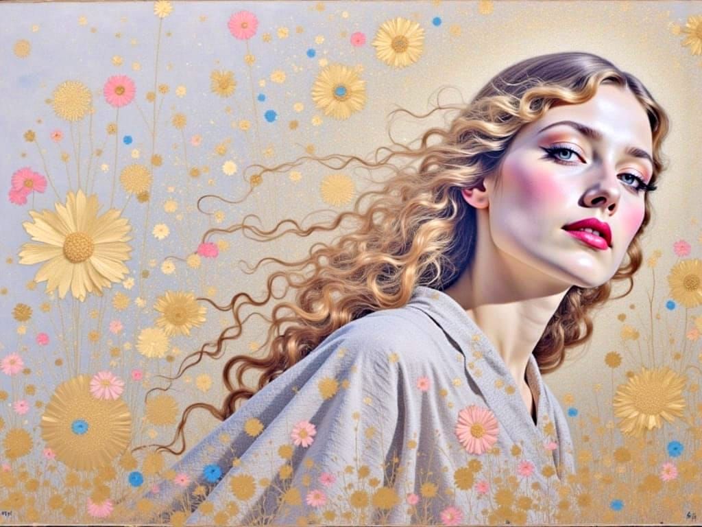 Woman with Floral Background in Art Nouveau Style