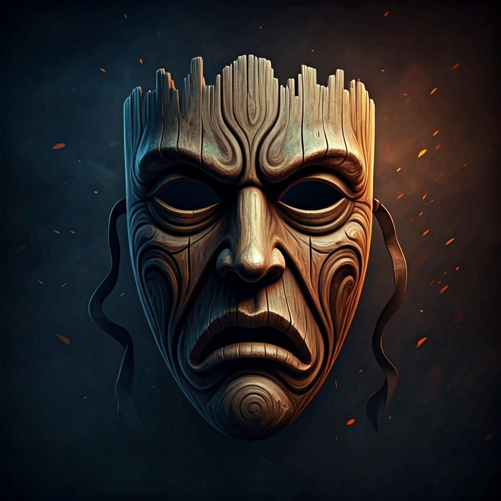 Weathered Theater Mask in Dramatic Chiaroscuro Lighting