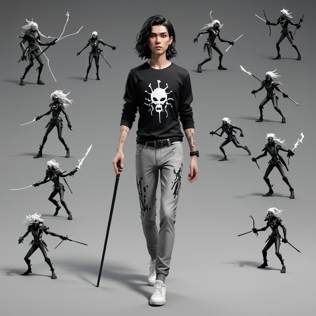 Non-Binary Character Surrounded by Stick Figures in 3D