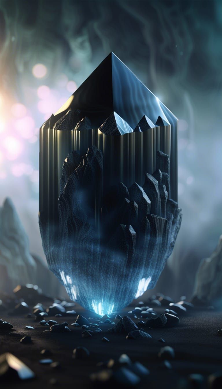 Obsidian Crystal Floating in Fog: A 3D Render