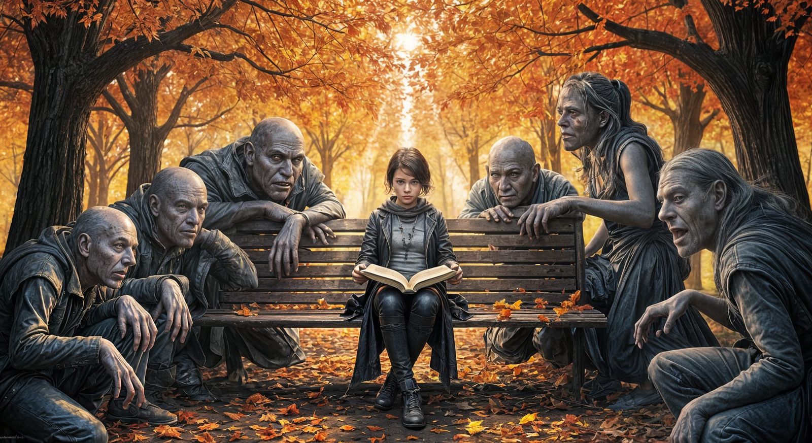 Figure on Bench Amidst Evil Beings in Autumn Light