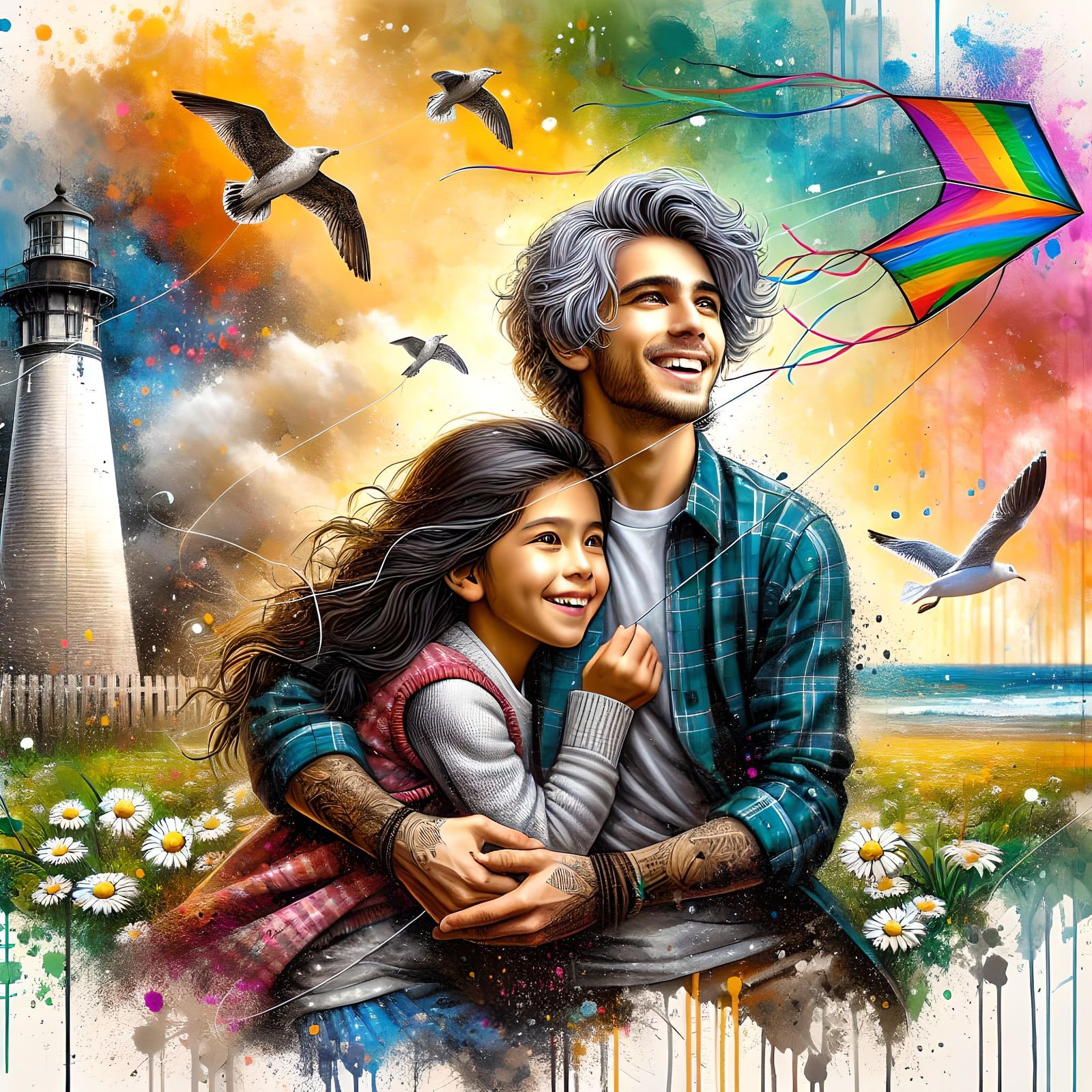 Children Flying Kites: Ink Drawing Street Art