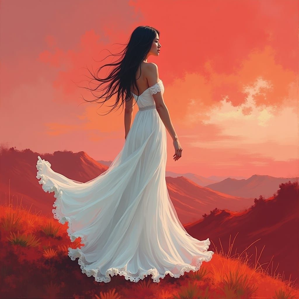 Woman in Red Landscape: Digital Vermillion Painting