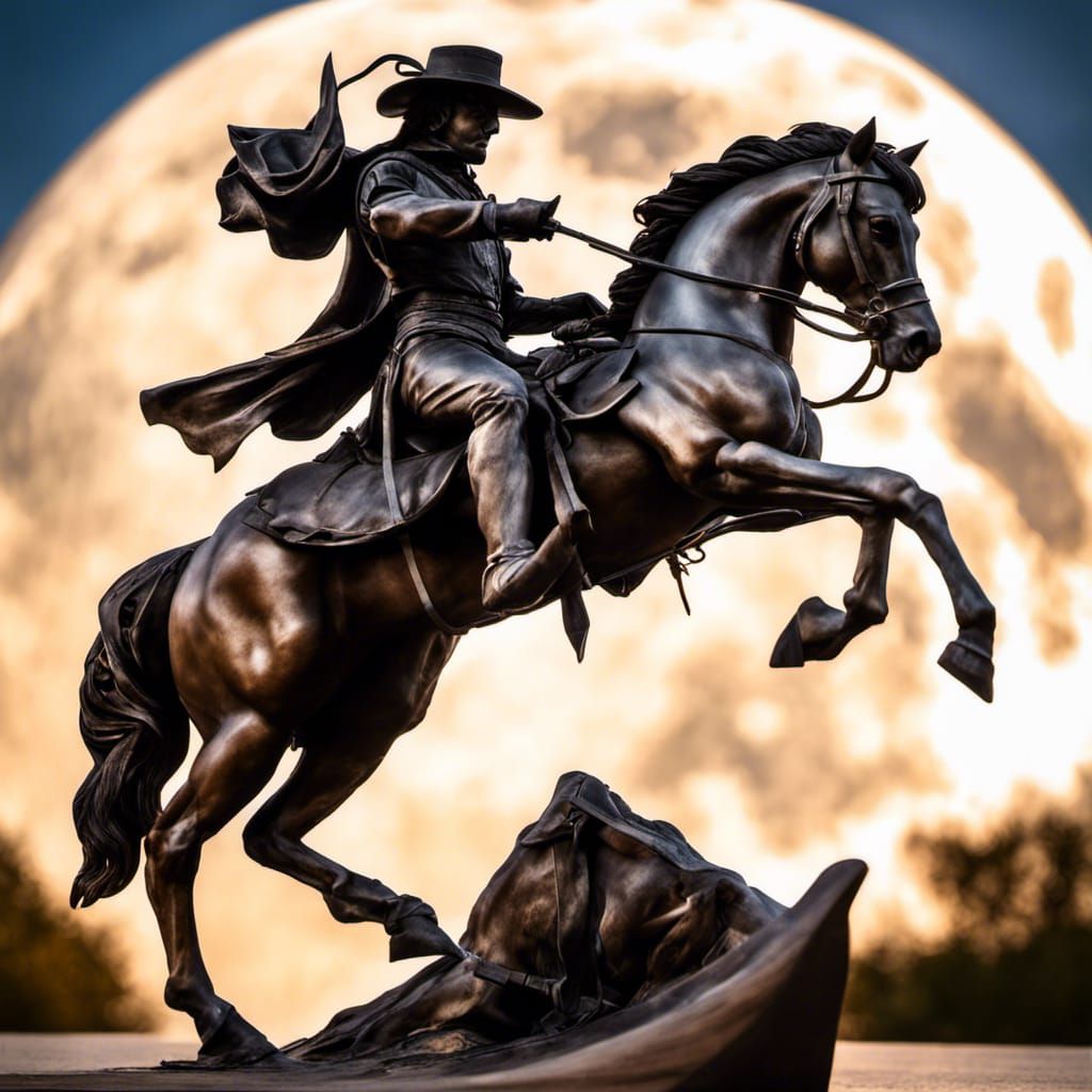 Zorro Wood Statue on Horse in Moonlit Silhouette
