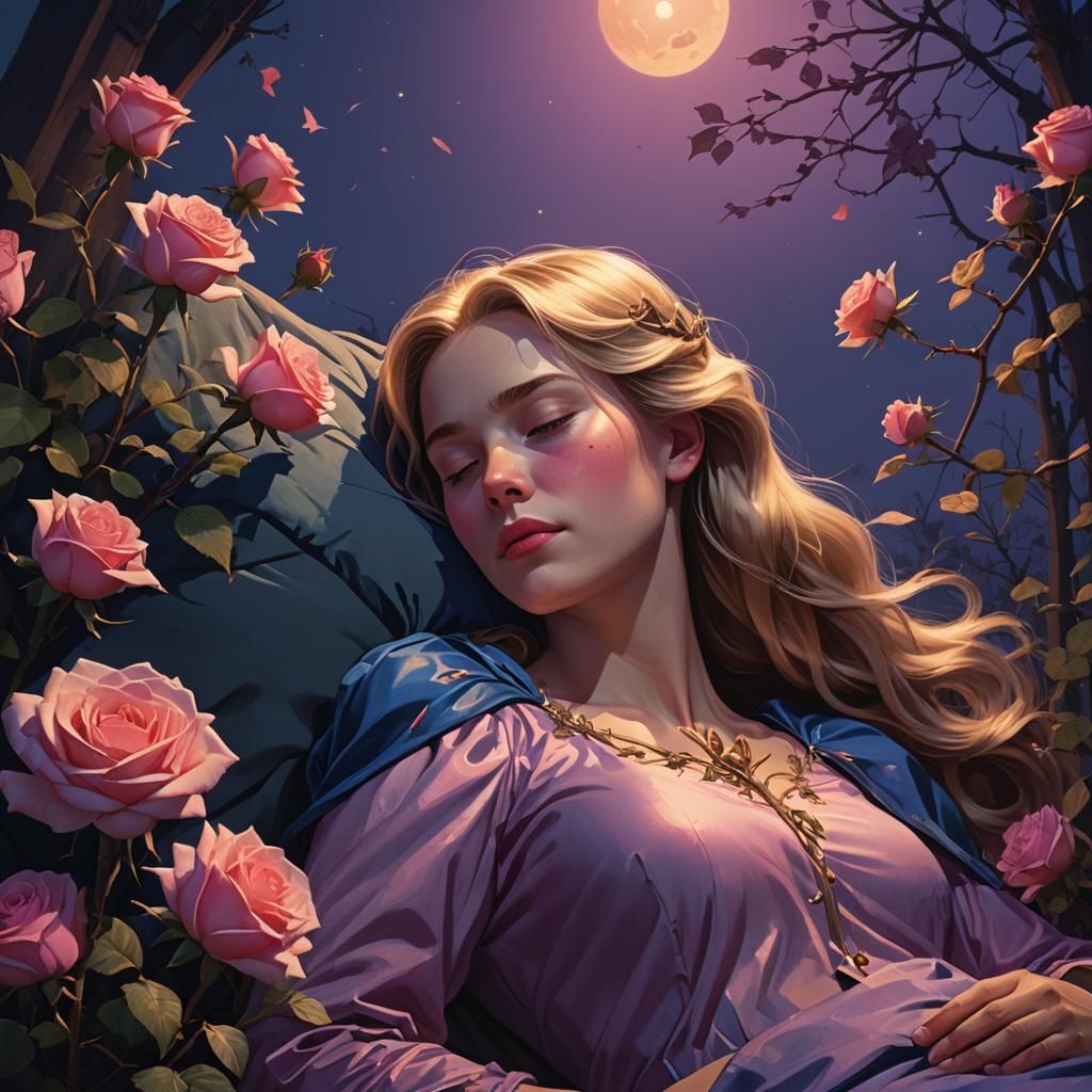 Sleeping Beauty with Rose: Matte Painting Style
