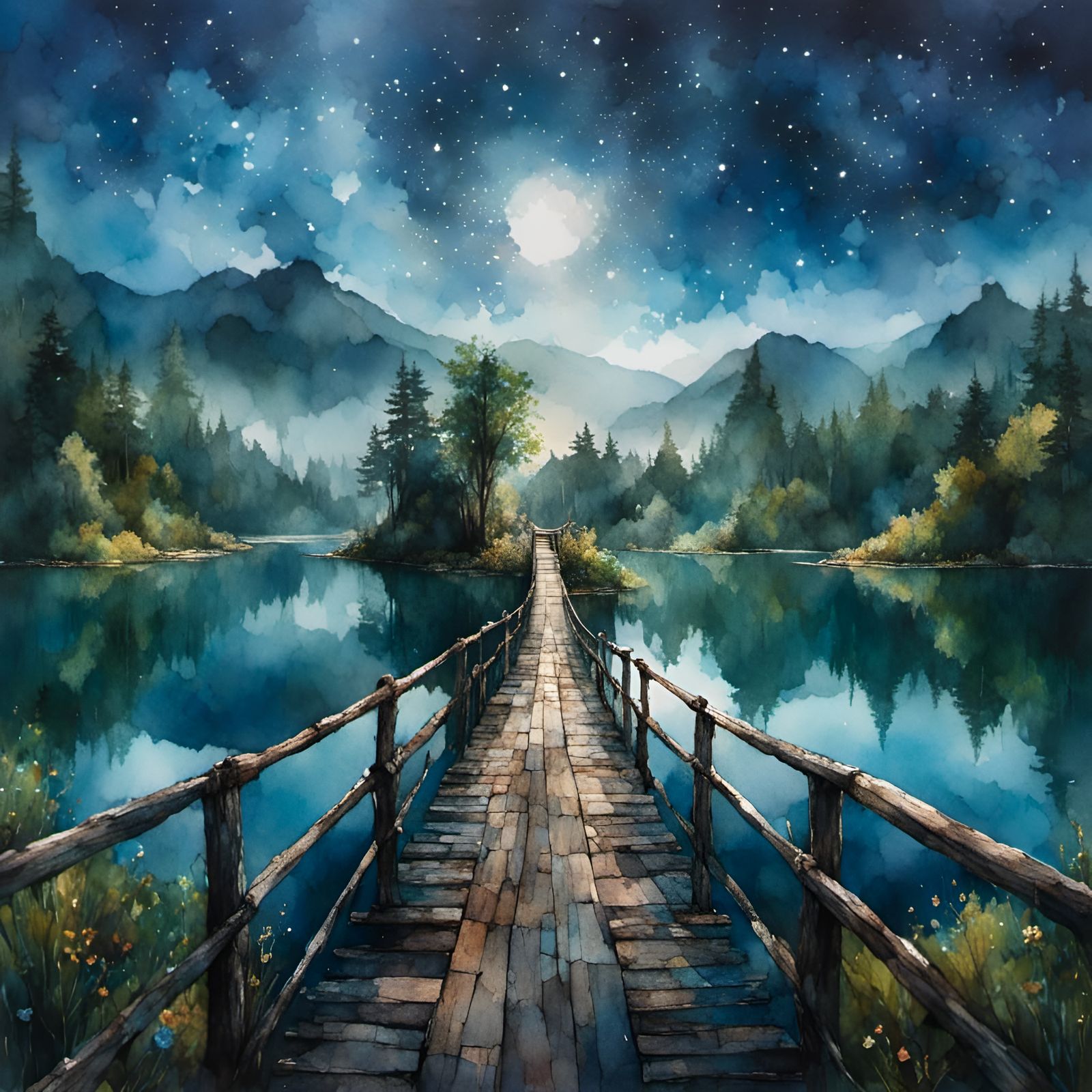 Watercolor Bridge Over Lake Painting